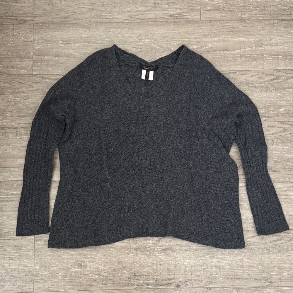BCBGMaxAzria Dark Charcoal V-Neck Ribbed Sleeve Sweater
